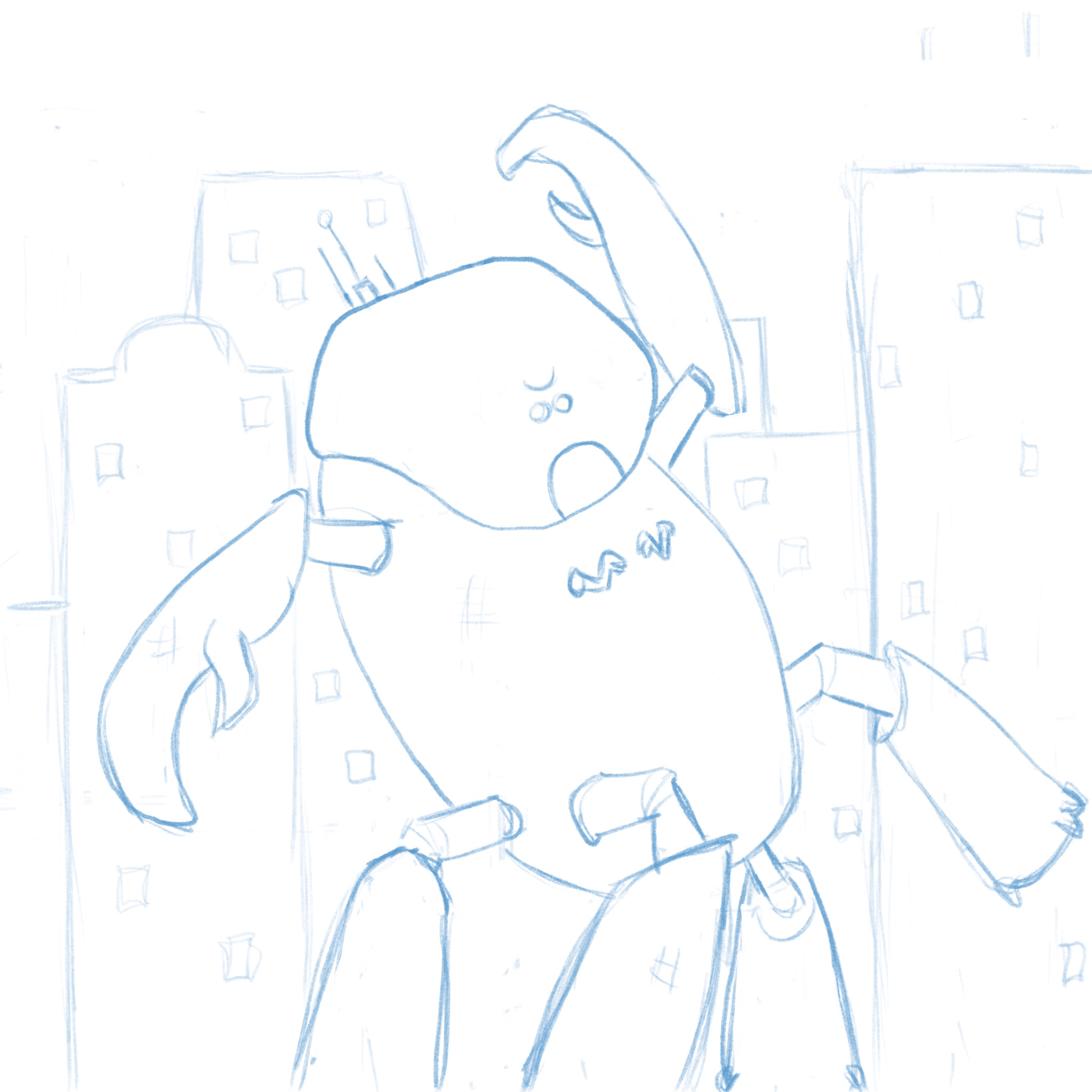 A very loose blueline drawing of Mechnozoid, who is kind of a big crab robot guy.