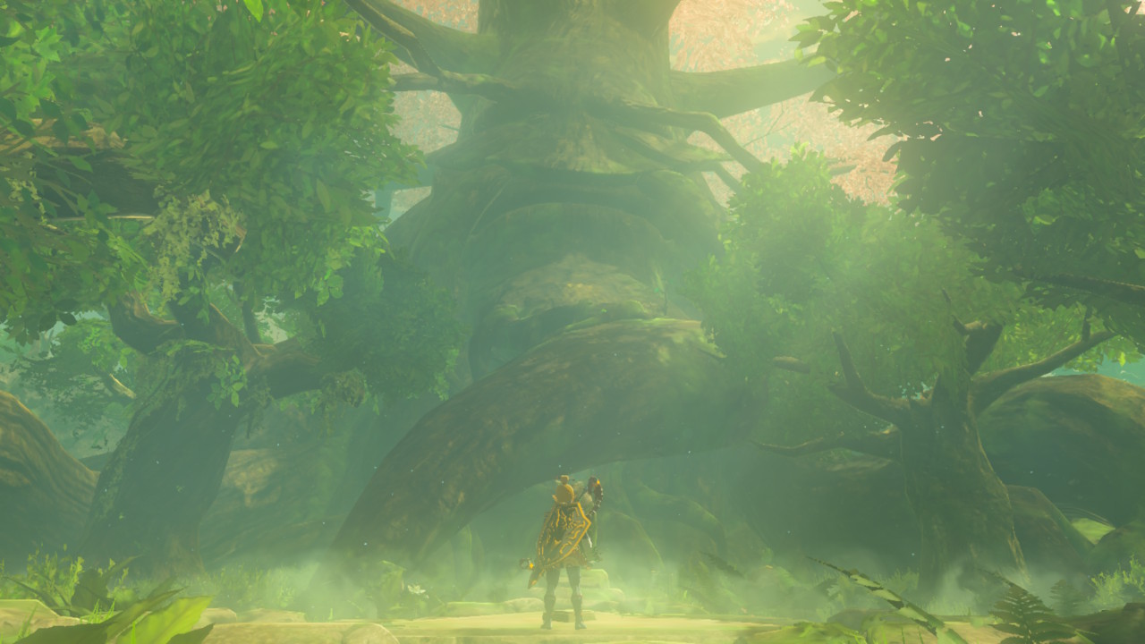 A screenshot from Breath of the Wild showing Link standing before a huge tree, shrouded in golden mist.