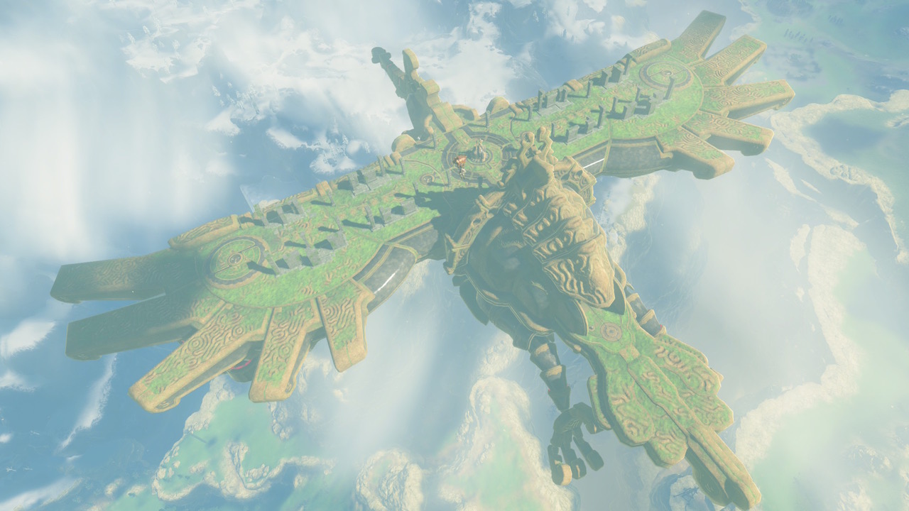 An aerial screenshot from Breath of the Wild looking down on a giant stone bird-like platform in flight.