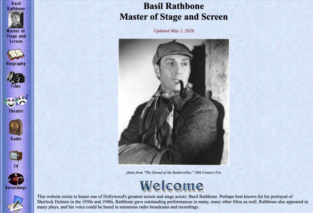 A screenshot of the Basil Rathbone homepage, labeled "Master of Stage and Screen," with a menu sidebar and an old photo of the actor as Sherlock Holmes.
