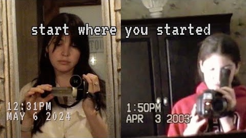 A YouTube thumbnail of Lucius entitled "start where you started," showing Lucius recording with camcorders as an adult in 2024 and a kid in 2003.