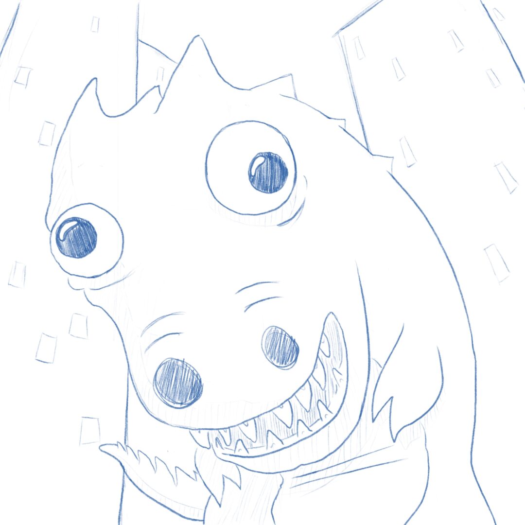 A digital blue-pencil sketch of Garmegula, a wild-eyed lizard kaiju, leaning down toward the viewer.