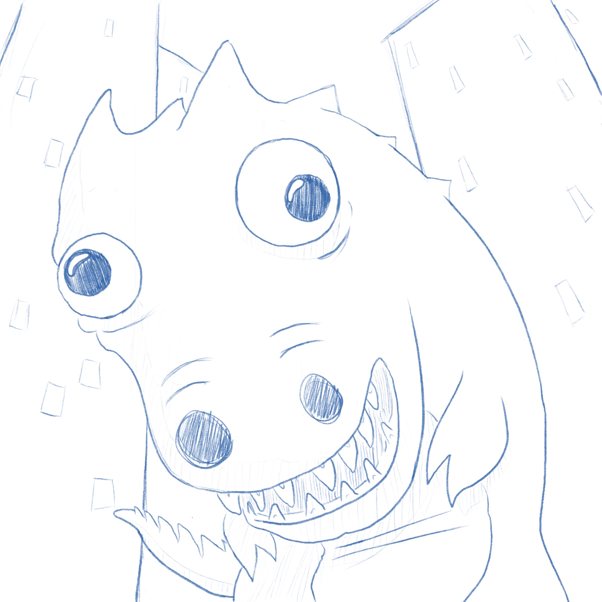 A digital blue-pencil sketch of Garmegula, a wild-eyed lizard kaiju, leaning down toward the viewer.