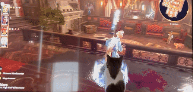 A small cat named Lily pawing at Ethan's character on a television in the game Baldur's Gate 3.