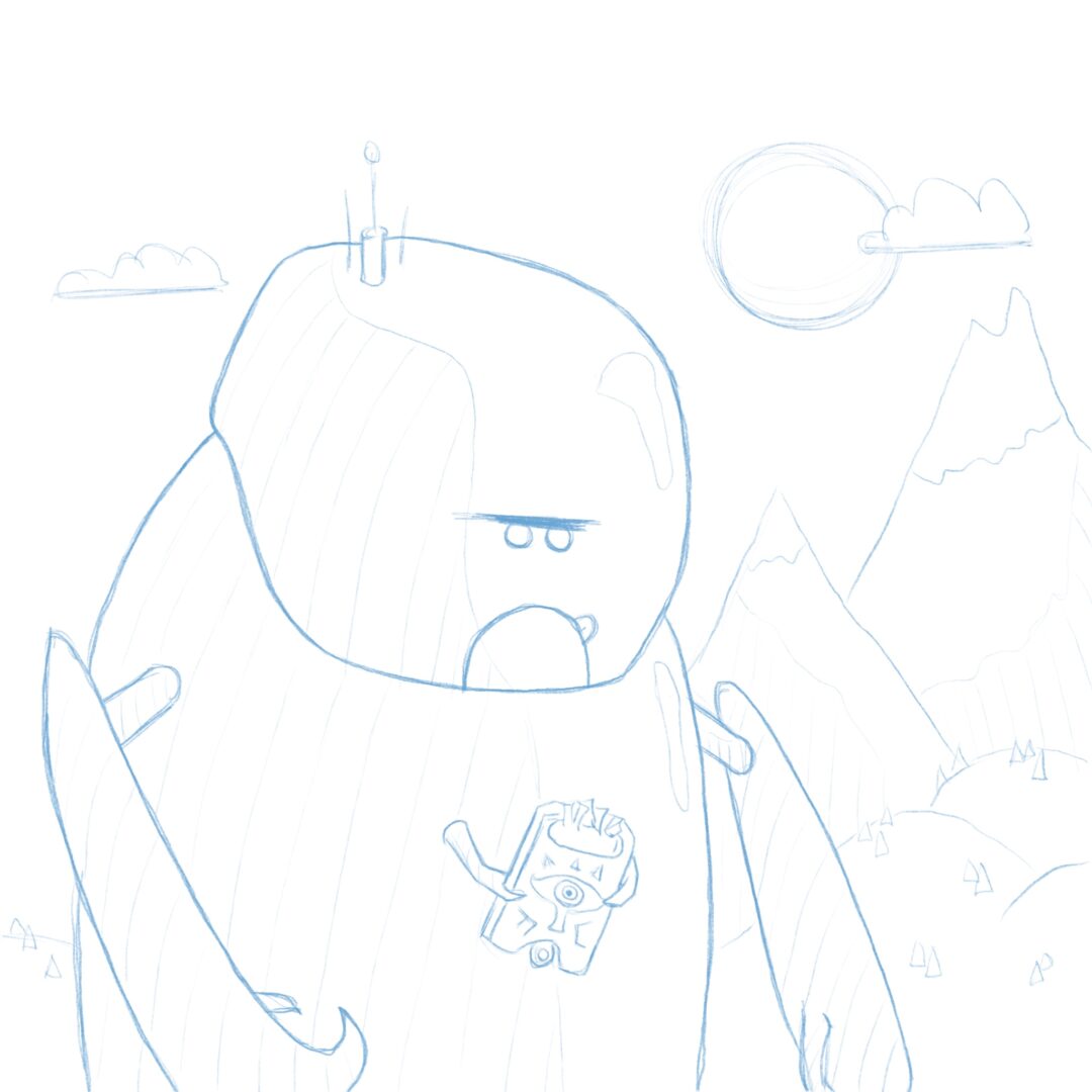 Mechnozoid, a giant crab-robot kaiju, frowning and fiddling with a Sheikah Slate from Breath of the Wild