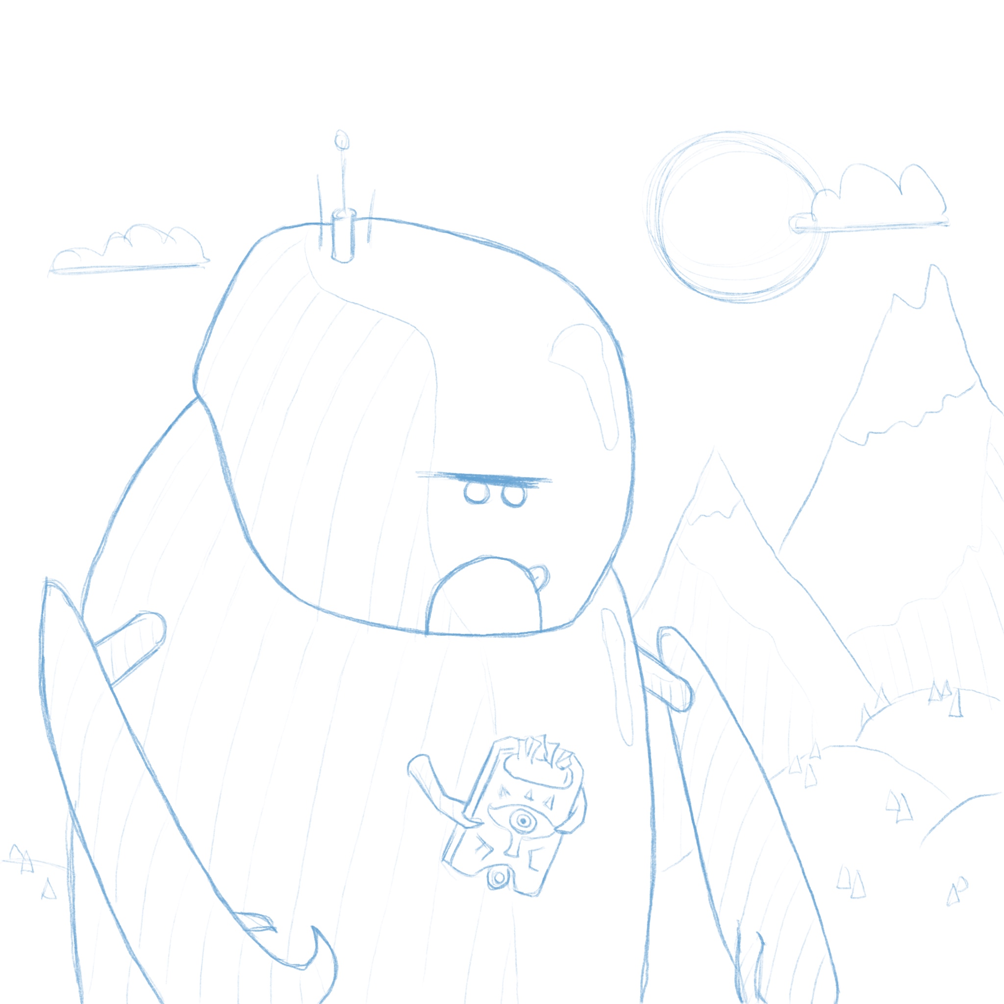 Mechnozoid, a giant crab-robot kaiju, frowning and fiddling with a Sheikah Slate from Breath of the Wild