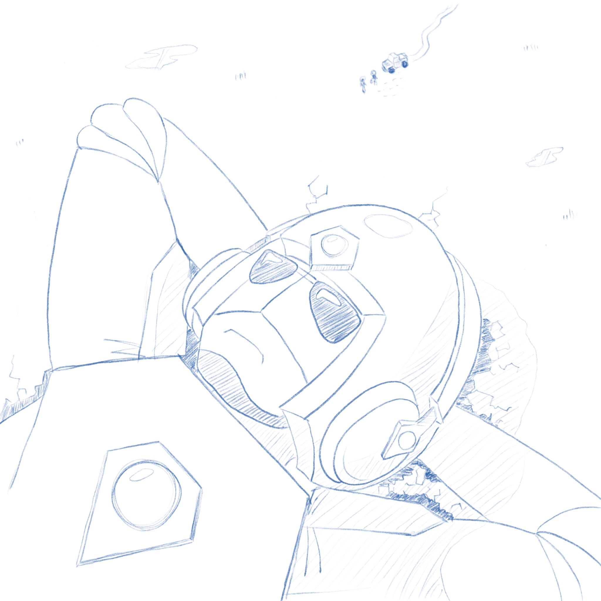 A giant robot man lying on his back and listening to his headphones.