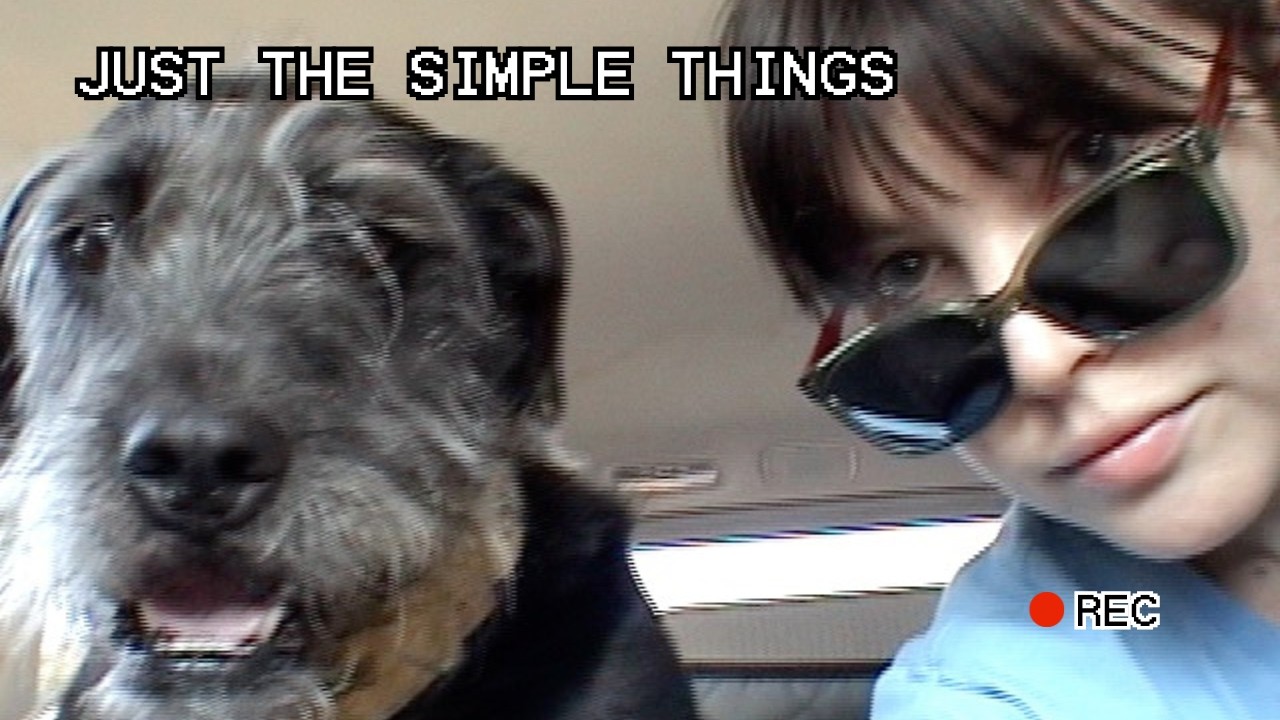 CQ Lucius wearing sunglasses next to a scruffy black-and-gray terrier, overlaid with the title "Just The Simple Things."