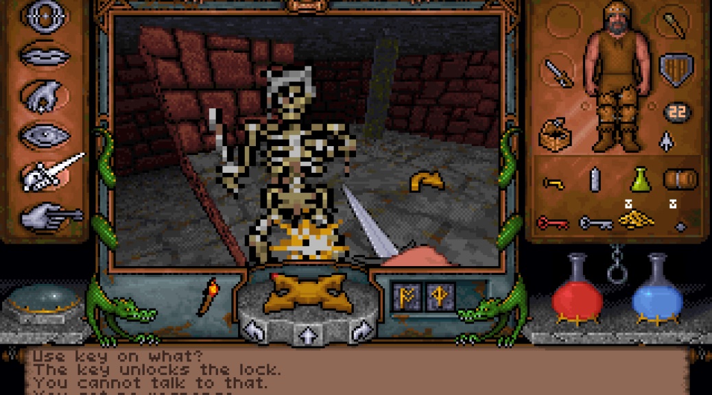 A screenshot of the interface of Ultima Underworld, centered on an abruptly appearing skeleton.