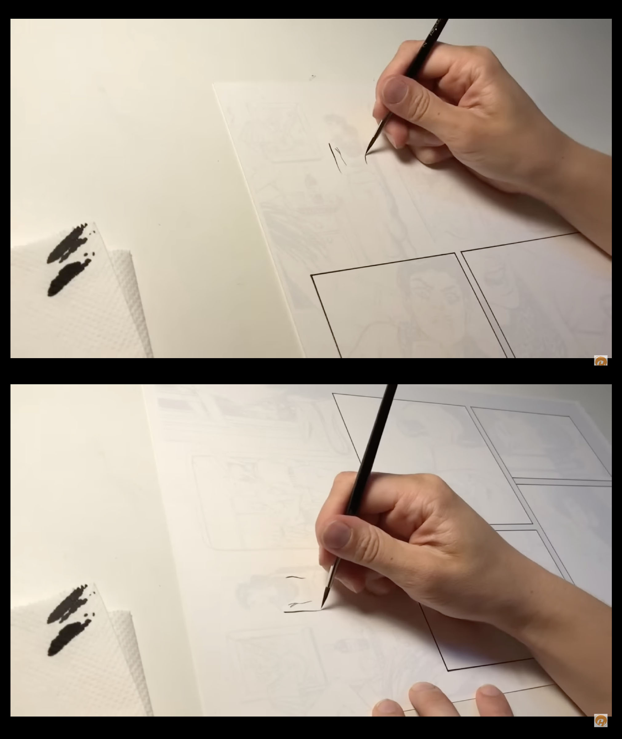 Two screenshots from Leila del Duca's inking video, showing the paper she draws on first with its long side vertical under her hand, then horizontal.