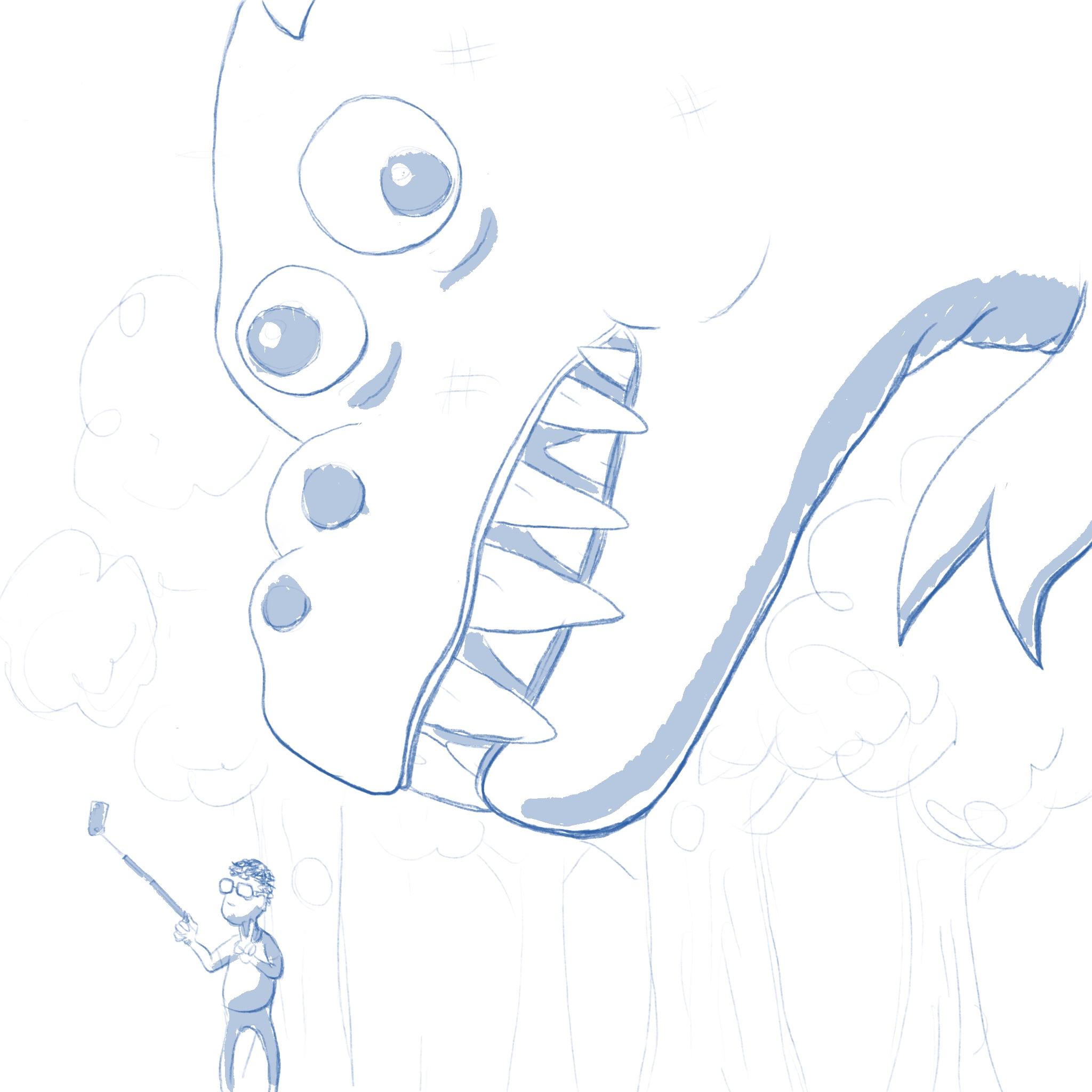 A hasty blue doodle of a giant lizard monster bending down to peer at a man taking a selfie.